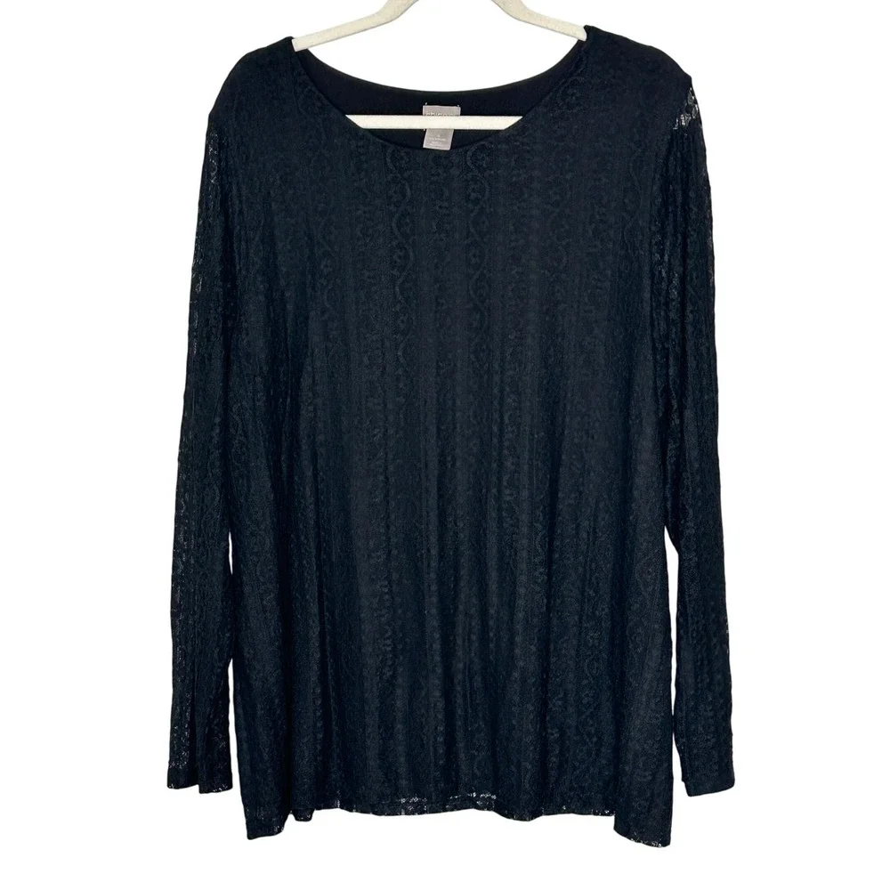 Chicos Black Lace Long Sleeve Top Women Size XXL Sheer Overlay - Picture 1 of 11